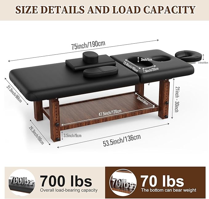 Adjustable Professional Massage Table Wood Stationary Massage Table with Adjustable Height &amp Backrest Eyelash Bed with Large Storage Space C Shape Pillow for Spa Treatment Beauty