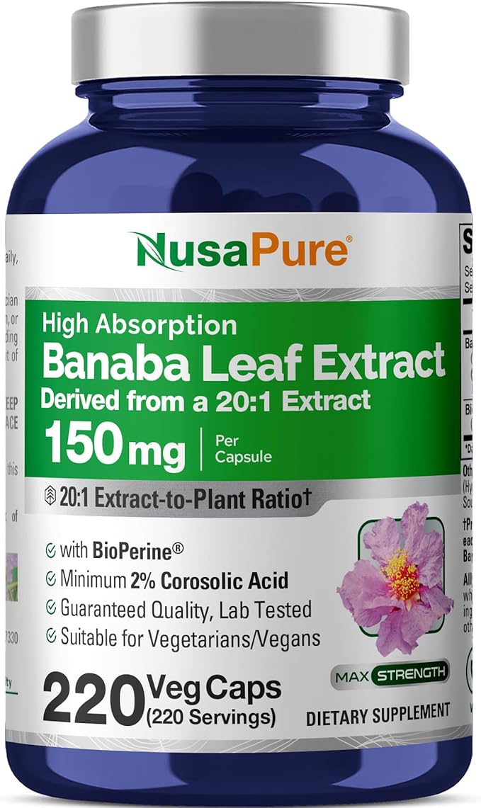 NusaPure Banaba Leaf 150 mg 200 Veg Capsules (Non-GMO Vegan)