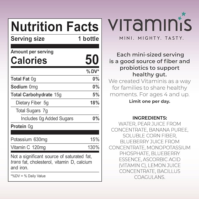Vitaminis - Gut Health Shot - Berry Banana Juice with Probiotics and Fiber for Digestive Health. Dairy Free No Added Sugar Shelf Stable &amp Gentle for Kids Women &amp Men (2.5 Fl. Oz Pack of