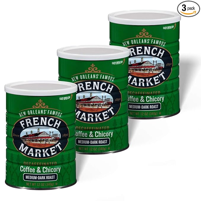 French Market Coffee Medium-Dark Roast Decaffeinated Ground Coffee &amp Chicory 12 oz. Canister (Pack of 3)