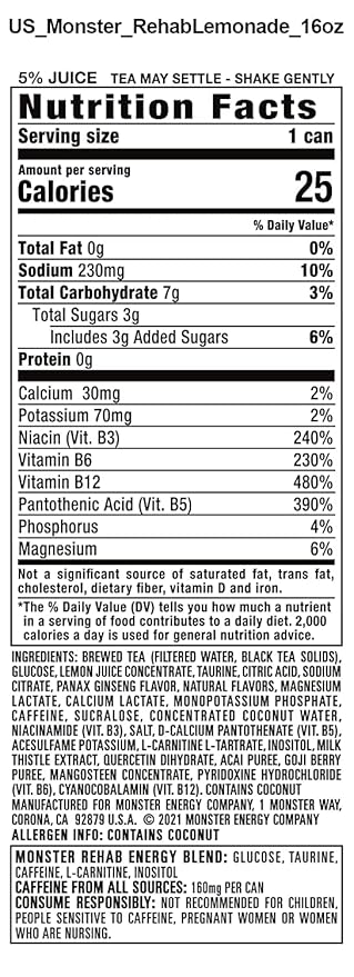 16 Pack - Monster Rehab - Tea + Lemonade + Energy - 15.5oz.