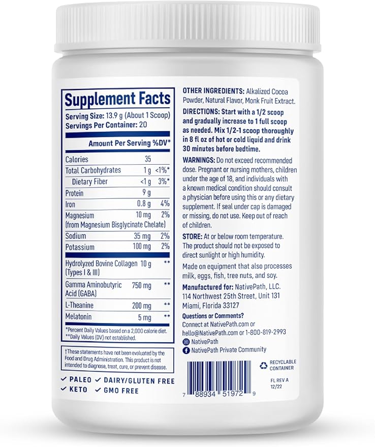 NativePath Collagen PM - Chocolate Nighttime Collagen Peptides Powder with Magnesium GABA L-Theanine and Melatonin - 20 Servings