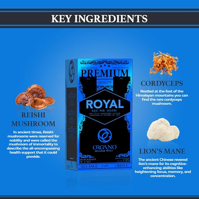 ORGANO Royal Black Medium Dark Roast Instant coffee. Infused with Triple Mushroom Blend Ganoderma Cordyceps and Lion's Mane. Aromatic and flavorful Ground Coffee Beans (25 Sachets)