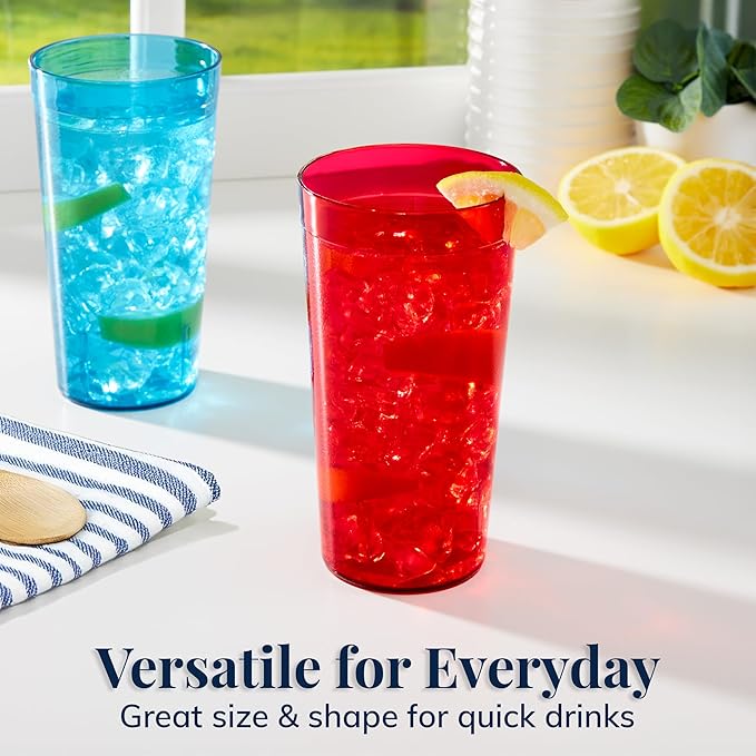 US Acrylic Cafe Plastic Reusable Tumblers (Set of 16) 20-ounce Water Cups Assorted Colors | Restaurant Style Drinking Glasses Value Set Stackable BPA-free Made in the USA | Top-rack Dishwasher Safe