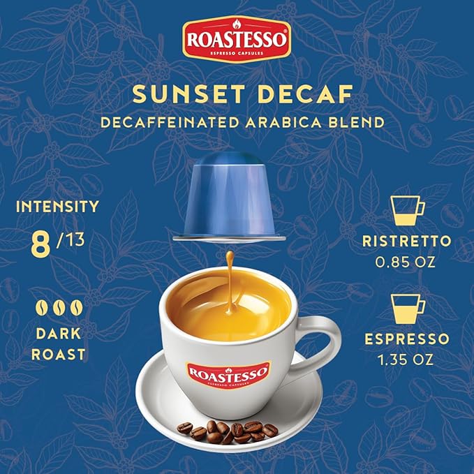 Roastesso Aluminum Espresso Capsules Sunset Decaf Decaffeinated Pods Compatible with Nespresso Original Machines Mild Roast Intensity 8 Recyclable Coffee Capsules Packed in USA (80 Count)