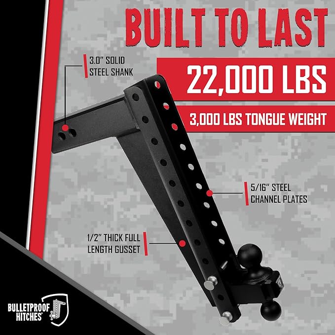 BulletProof Hitches - 3.0 Adjustable Heavy Duty Trailer Hitch (22000 lb. Rating) - 18 Drop/Rise Trailer Hitch with 2 &amp 2-5/16 Dual Ball - Powder Coat Solid Steel Corrosion-Resistant