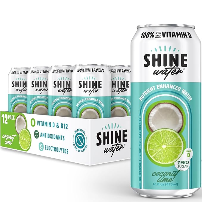 Shine Water Coconut Lime Vitamin D Electrolyte Drinks 12-Pack Sugar Free Flavored Water with Magnesium Zinc &amp Antioxidants Low Calorie Hydration Beverage Plant-Based Vitamin Water Zero Sugar