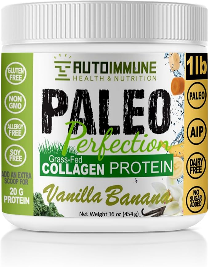 Paleo Perfection Vanilla Banana Grass Fed Beef Collagen Protein Powder with Stevia - Paleo Keto SCD AIP Protein Powder with Apple Fiber Carrot &amp Broccoli - 1lb Protein Powder &amp Superfood B
