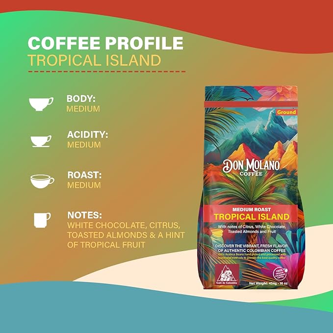 Don Molano Coffee Tropical Island Ground Coffee Medium Roast 16oz - Premium Colombian Coffee Halal Certified – A balanced and smooth blend of luxurious Premium Arabica beans with notes of citrus w