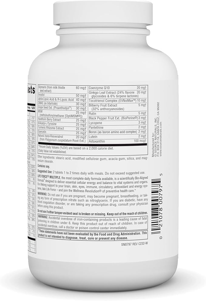 Source Naturals Life Force Multiple Daily Multivitamin High Potency Essential Vitamins Minerals Antioxidants &amp Nutrients - Energy &amp Immune Boost - 120 Tablets
