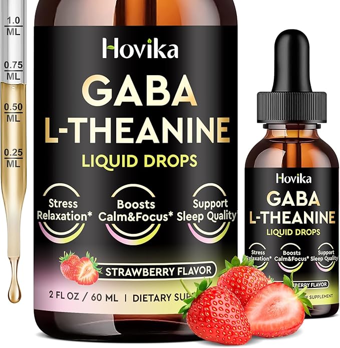 GABA L-Theanine Drops - Liquid GABA L-Theanine Supplement with L-Theanine Ashwagandha Magnesium Glycinate Vitamin C B6 - Support Sleep Relaxation Calm Mood &amp Focus - Strawberry Flavor 2 Fl