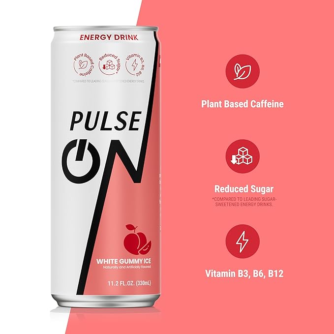 PulseOn Energy Drink- 200mg Natural Caffeine Taurine and Vitamin B|White Gummy Ice Reduced Sugar 11.2 fl oz((Pack of 24)
