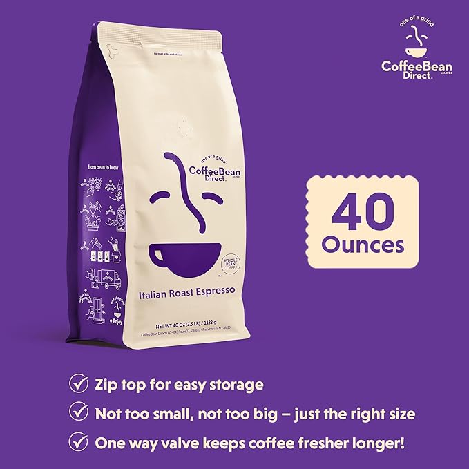Coffee Bean Direct Italian Roast Espresso Whole Bean Coffee Bold Flavor Dark Roast 2.5 Pound Bag (Pack of 1)