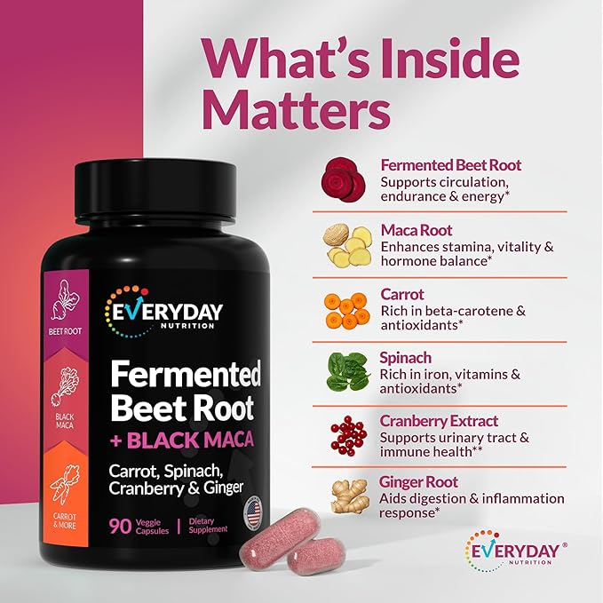 Organic Fermented Beet Root Black Maca Carrot Spinach Cranberry Ginger |Enhanced Overall Health for Women &amp Men | Made in USA | 90 Veggie Capsules