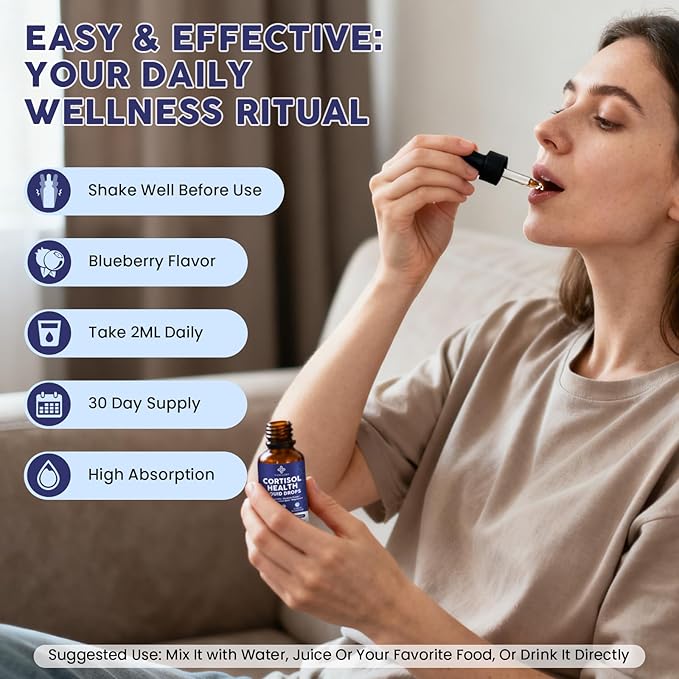 Cortisol Supplements for Women - Cortisol Manager Liquid Drops with Magnesium Ashwagandha &amp Rhodiola rosea L-theanine - Promotes Relaxation &amp Better Sleep Mood Blueberry Flavors 1FL.OZ(2P