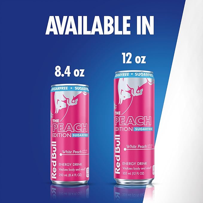 Red Bull Peach Edition Sugarfree Energy Drink White Peach 8.4 fl. oz. Case of 24 cans with 80mg Caffeine Taurine &amp B Vitamins