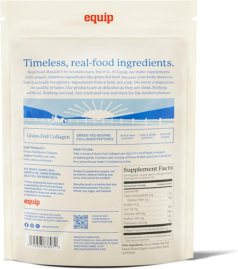 Equip Foods Grass Fed Collagen Powder | Hydrolyzed Bovine Collagen Peptides with Amino Acids | Prime Beef Collagen for Healthy Joints Skin &amp Nails | Non-GMO Paleo Friendly | 30 Servings Chocola