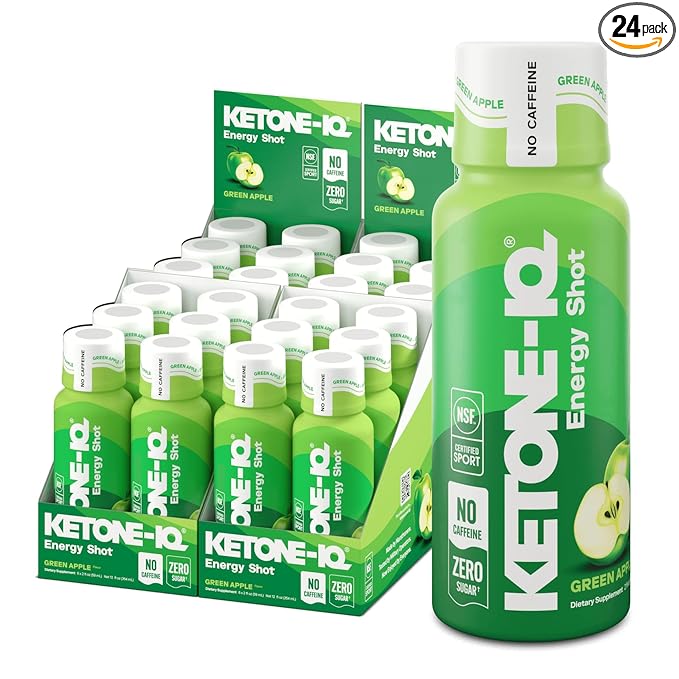 Ketone-IQ No Caffeine Exogenous Ketones Energy Shots - 24 Pack of Caffeine Free Energy Drinks with 10g Ketones - Sugar Free Salt Free and All Natural (Green Apple)