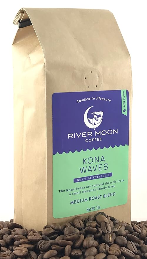 River Moon Coffee Kona Coffee Whole Bean Medium Roast 16 Ounce Kona Waves Hawaiian Blend Sustainably Farmed 100% Arabica