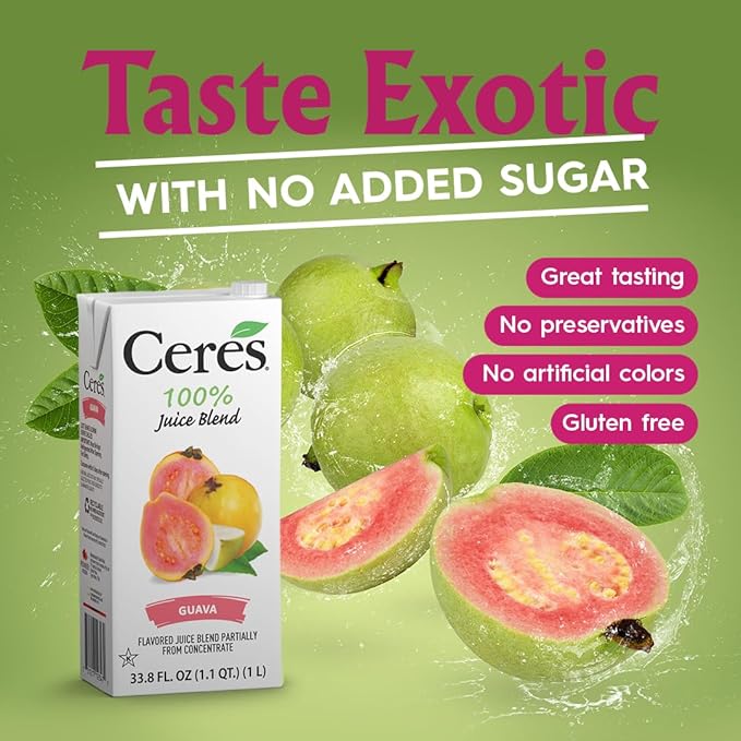 Ceres 100% All Natural Pure Fruit Juice Blend Guava - Gluten Free Rich in Vitamin C No Added Sugar or Preservatives Cholesterol Free - 33.8 FL OZ (Pack of 2)