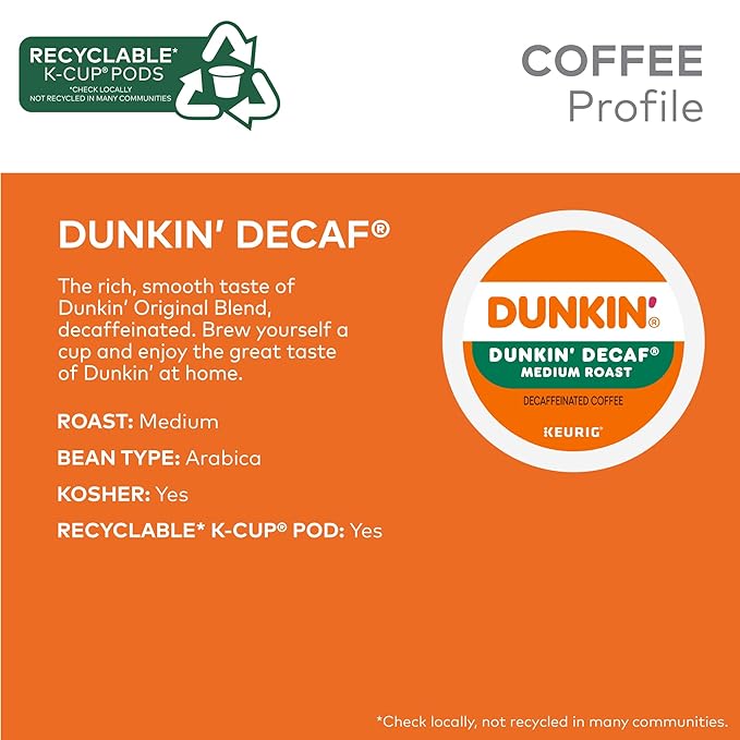 Dunkin' Donuts Decaf Keurig Single-Serve K-Cup Pods Medium Roast 22 Pods Per Pack Case Of 4 Packs
