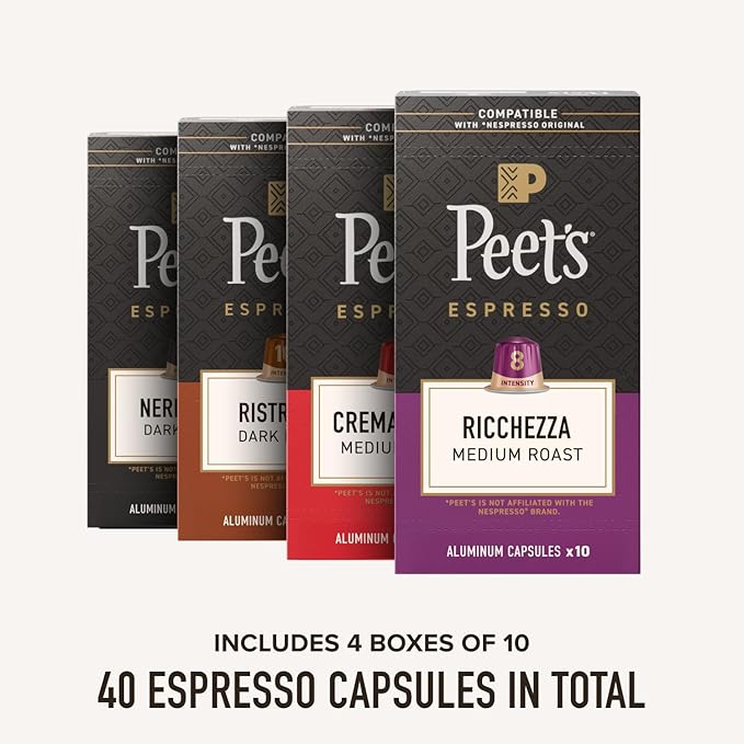 Peet's Coffee Dark and Medium Roast Espresso Capsules Variety Pack Compatible with Nespresso Original Machine 100% Arabica Coffee - Intensity 8-11 40 Count (4 Boxes of 10 Espresso Capsules)