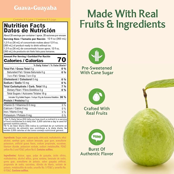 Frutiva authentic Concentrado Yellow Guava Drink Mix | Made in Mexico with Cane Sugar | Aguas Frescas Concentrate Makes 2.6 Gallons Per Bottle | No High Fructose Corn Syrup | Perfect for Drinks Desse