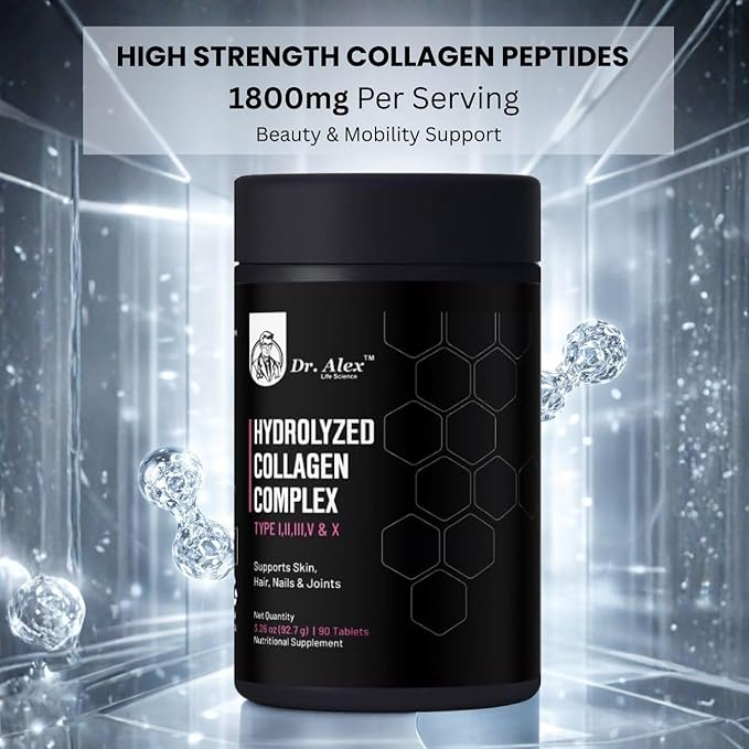 Dr. Alex Hydrolyzed Multi Collagen Supplement Tablets 1800mg (90 Tablets) - Type I II III V &amp X | Collagen Peptides Capsules for Women &amp Men | Skin Hair Nails &amp Joint Support