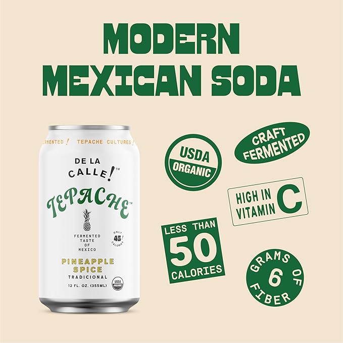 De La Calle Tepache - Pineapple Spice - Modern Mexican Soda - Craft Fermented Pineapple Sparkling Beverage - Certified Organic Antioxidant Rich Non-Alcoholic Healthy Soda Low Sugar Low Calorie N