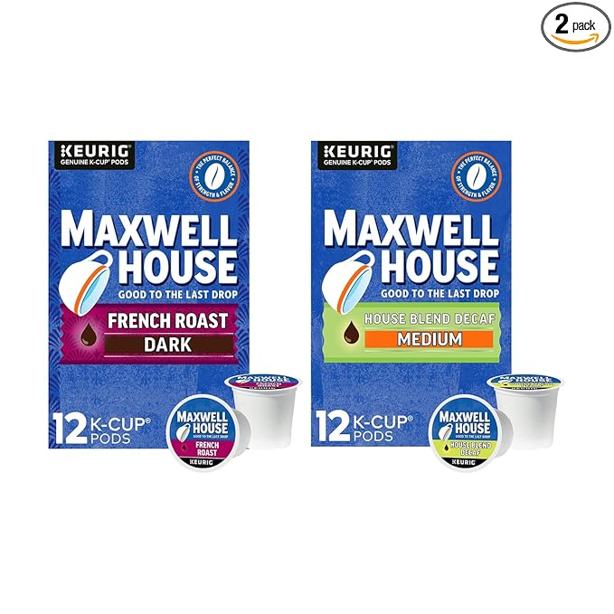 Maxwell House Cafe Collection Decaf House Blend Medium K-Cups + Coffee K-Cup Pods French Roast Dark 12 CT (Variety Pack)