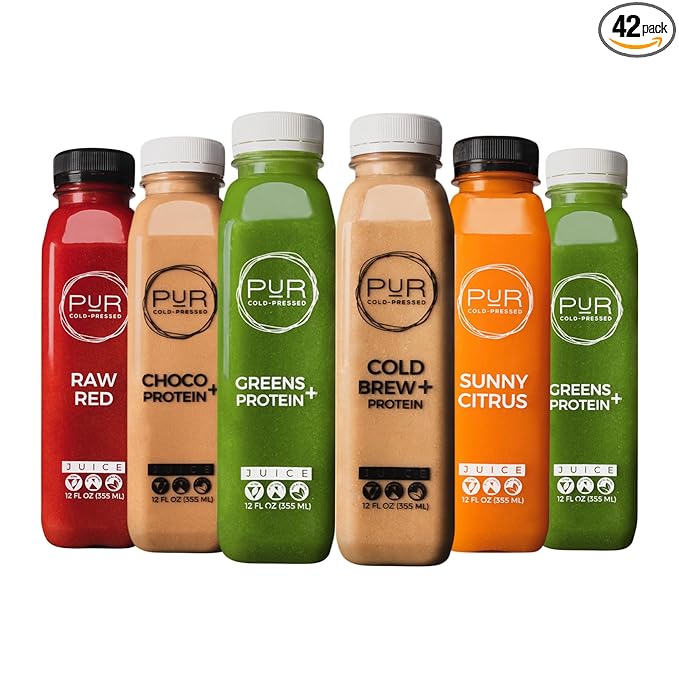PUR Cold-Pressed Juice – 7-Day Powerhouse Juice Cleanse + Protein – Supports Fullness While Cleansing – Greens Choco and Cold Brew with Plant-Based Protein plus Sunny Citrus and Raw Red – 42 Bottles