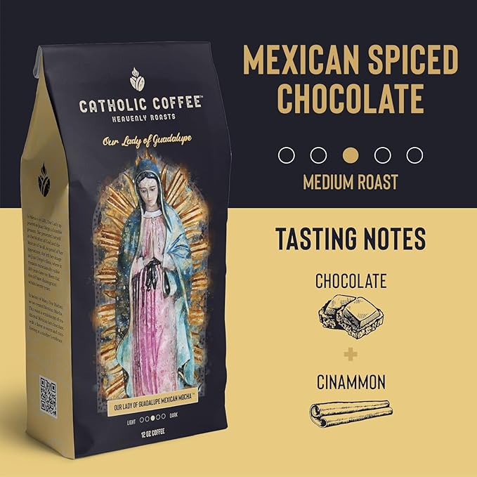 Catholic Coffee Our Lady of Guadalupe Mexican Spiced Chocolate Medium Roast Ground Coffee &amp Tumbler Gift Set – 12oz Bag Christmas Gift for Coffee Lovers Catholic Holiday Box