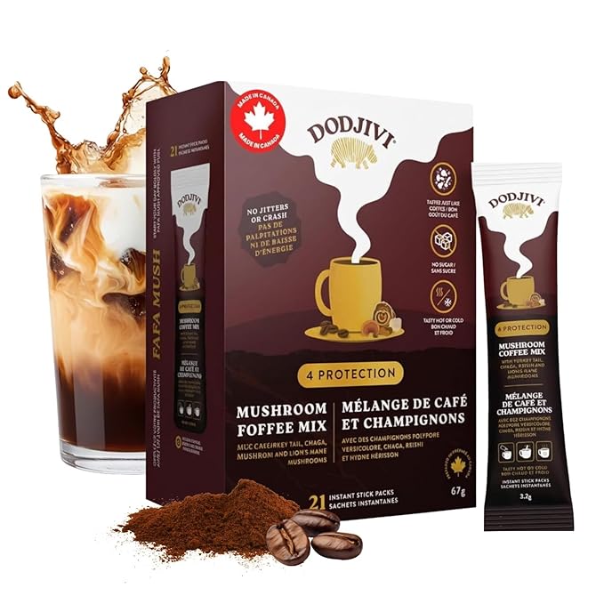 Dodjivi Organic Mushroom Coffee Instant Packets 100% Arabica Coffee Powder with Reishi mushroom Lion's mane ChagaTurkey Tail for Better Focus Immune Support Keto Friendly (30 Sticks Each 3.2gm)