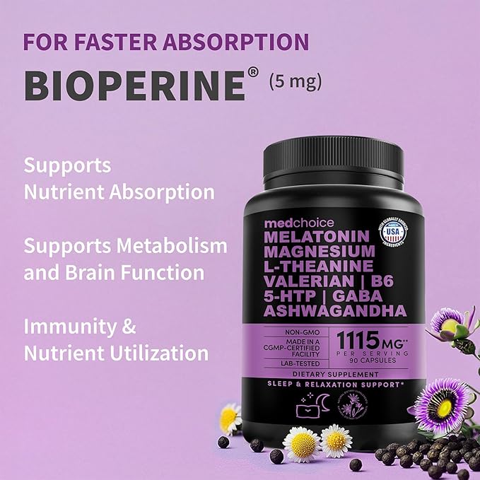 12-in-1 Melatonin Sleep Capsules - Natural Sleep Aids for Adults with Melatonin 5mg and Magnesium Glycinate 500mg Sleep Aid with Ashwagandha L Theanine Valerian Root GABA 5-HTP (90ct Pack of 1)