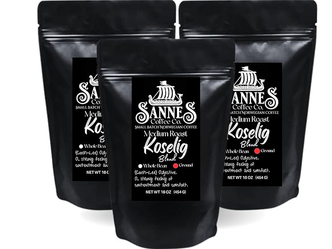 Sannes Coffee Co. Norwegian coffee-Koselig Blend Medium Roast Ground-Smooth never bitter- 3 pack of 16 oz bags.