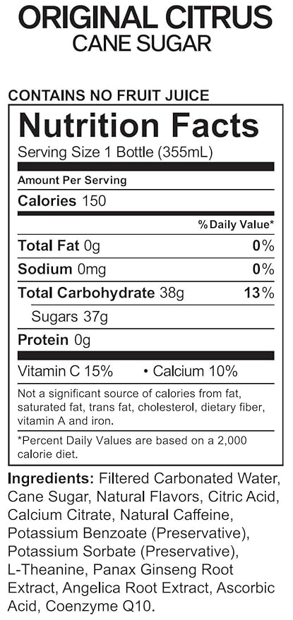 UPTIME Original Citrus Cane Sugar Natural Caffeine Sparkling Natural Flavors 12 oz Bottles (24 Pack)