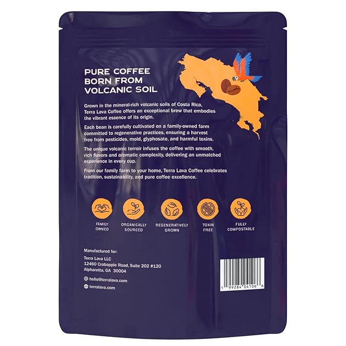 Terra Lava Coffee – Medium Roast Whole Bean Coffee Single-Origin Costa Rican Arabica Volcanic Soil Grown Honey-Processed Tested for Mold &amp Mycotoxins (12 oz)