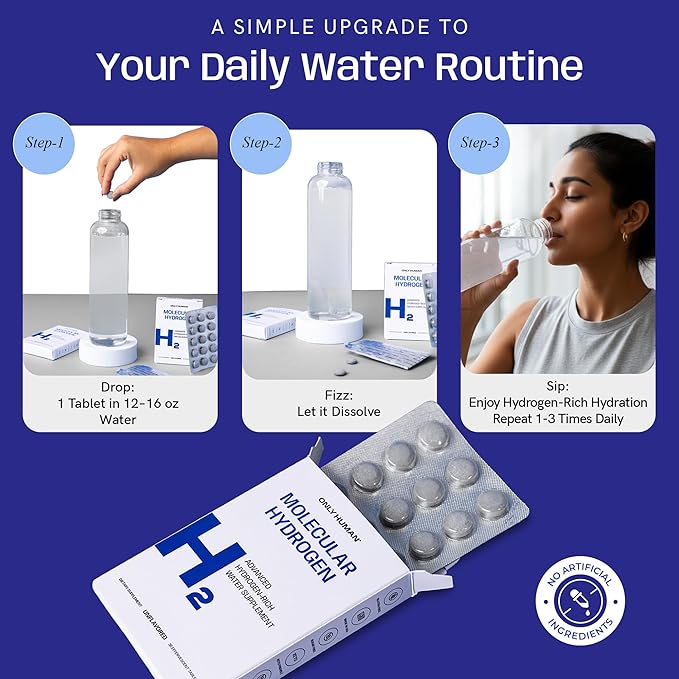 H2 Molecular Hydrogen Water Tablets with Magnesium | 12PPM Hydrogen Tablets for Drinking Water | Unflavored Dietary Supplement | Gluten Sugar &amp Soy Free | Made in The USA | 30 Tabs | Only Human