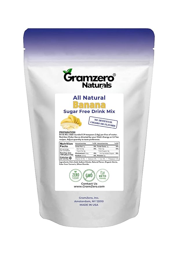 GramZero All Natural Banana Zero Calorie Sugar Free Drink Mix Great For Nutrition Club Loaded Tea Stevia Sweetened