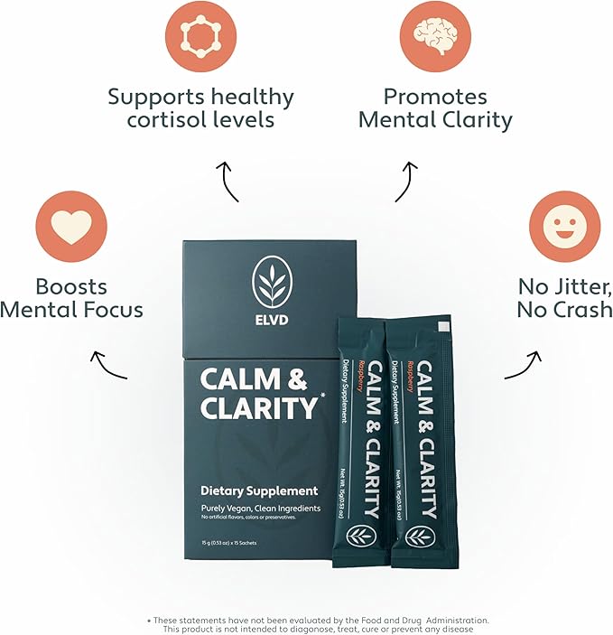 ELVD Calm &amp Clarity Daily Brain Supplements for Memory and Focus &amp Mental Clarity – No-Pill Fast-Acting Liquid Gel with Ashwagandha L-Theanine &amp Taurine – Vegan Gluten-free Non-Drowsy