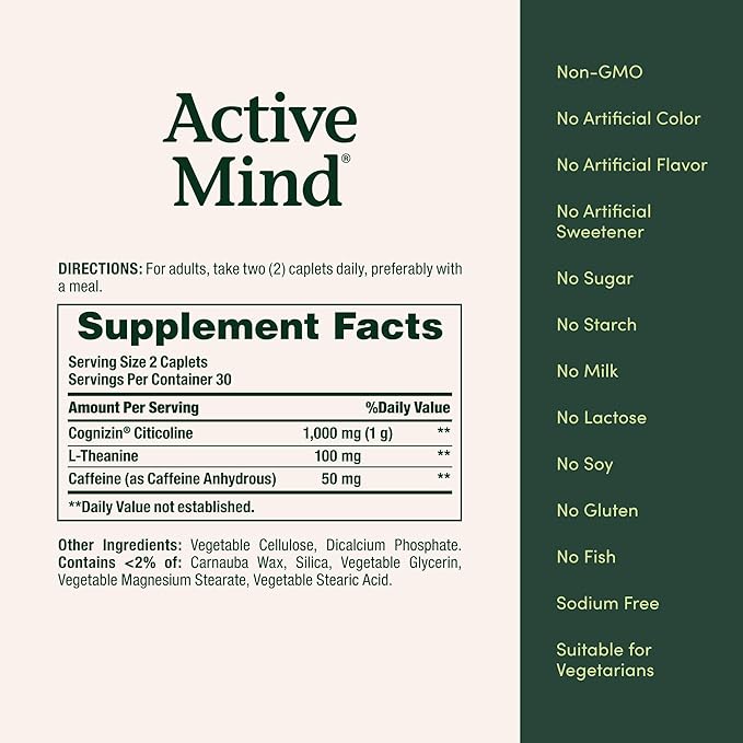 Nature's Bounty Active Mind Dietary Supplement Supports Focus and Attention 1000 mg Cognizin with L-Theanine and Caffeine Pills 60 Caplets