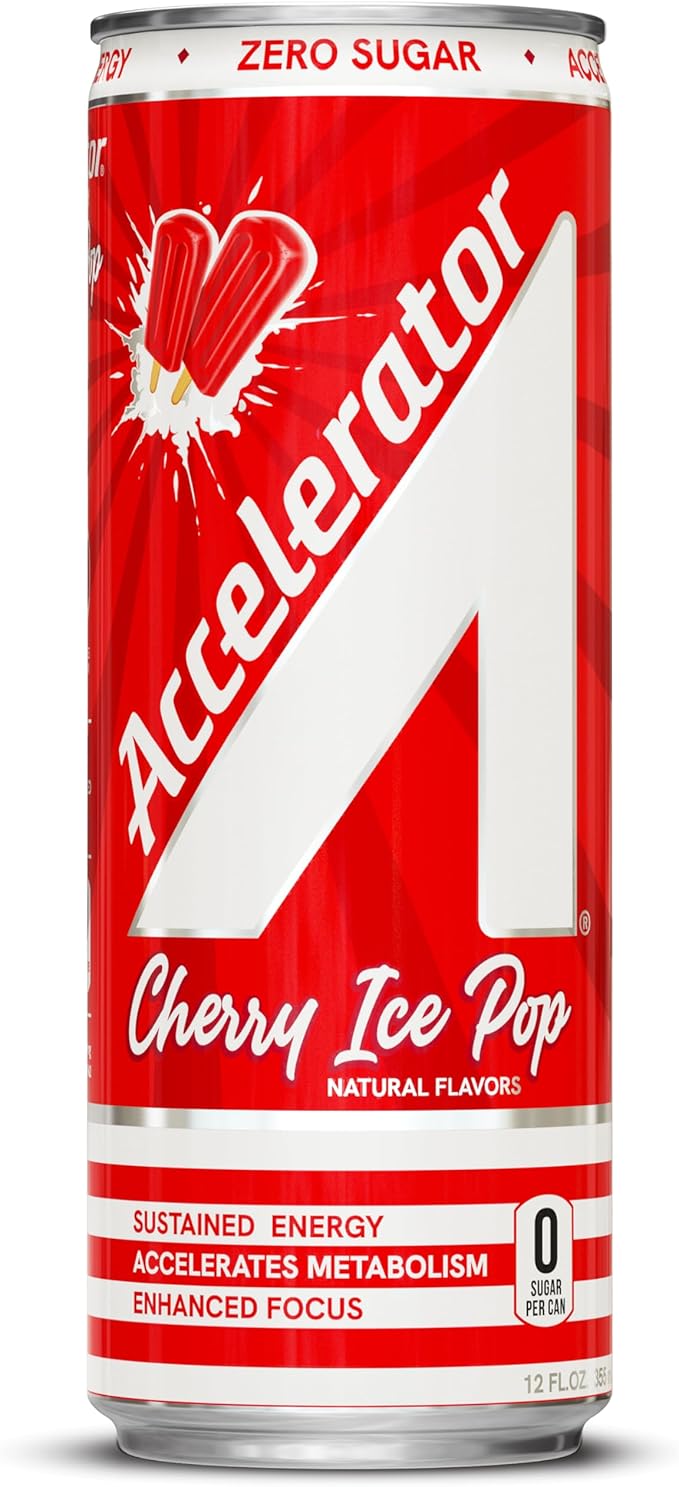 Accelerator Energy DrinkCherry Ice Pop 12oz canZero SugarSustained Energy from 100% Natural Caffeine (200mg from Green Coffee Bean &amp Green Tea extract)(Pack of 24)
