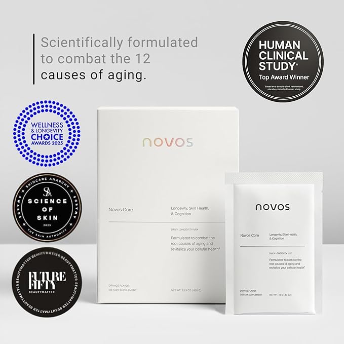 NOVOS Core Longevity Mix Anti-Aging Supplement Drink Powder Packet Unflavored - Skin Support Energy Mood Support Sleep and Cognition Support - 30 Servings