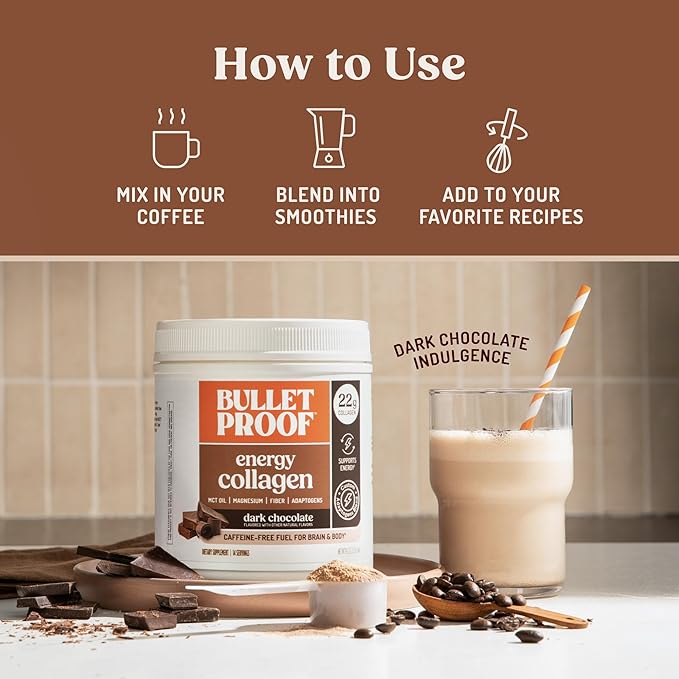 Bulletproof Dark Chocolate Energy Collagen Protein 19.3 Ounces Caffeine-Free Fuel with Vitamins and Antioxidants Blend with Ginseng Magnesium Cordyceps Mushroom