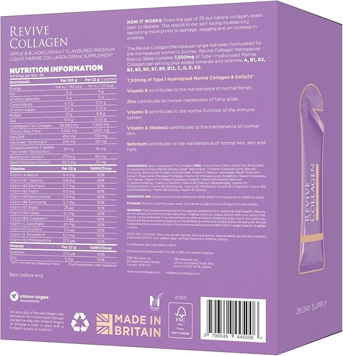 Revive Collagen Menopause Beauty Sleep — Hydrolyzed Marine Collagen Drink for Women 7500MG Zinc Chicory Root Fiber Vitamin D &amp K Supports Sleep Quality Apple &amp Blackcurrant Flavour — 28