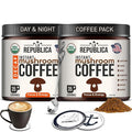 La Republica Organic Instant Mushroom Coffee (2.5oz) + Decaf (2.5oz) - 70 Servings with Coasters &amp Mixing Spoon - 100% Arabica with Lion's Mane Reishi Chaga Cordyceps Shiitake Maitake Turkey