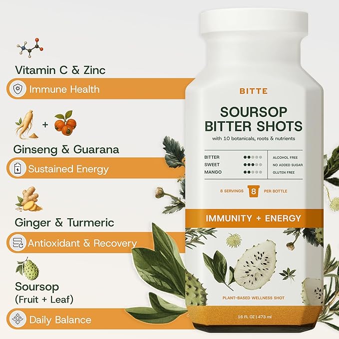 BITTE Immune + Energy Soursop Shots – 3 Pack Ready to Drink Mango Soursop with Zinc Ginseng Guarana &amp Turmeric – Functional Shot Brand for Supplement &amp Juice Lovers – 48 fl oz Total (24 Serv