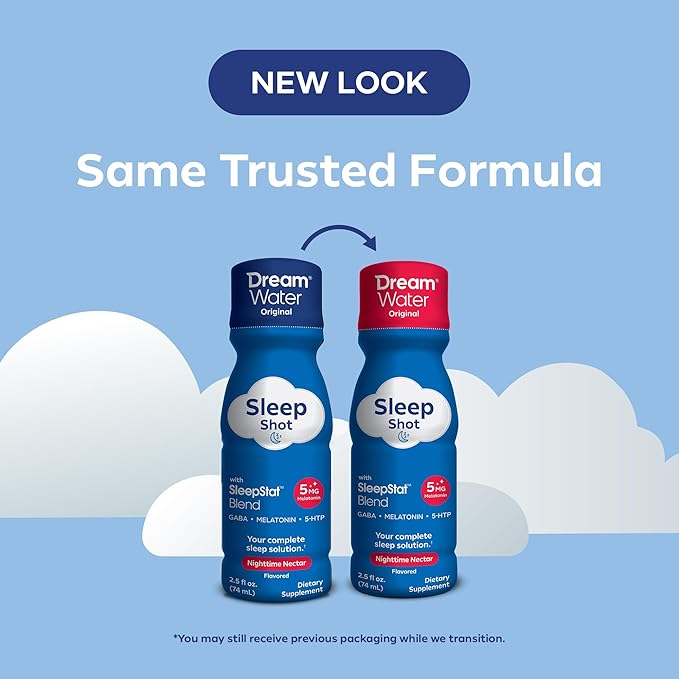 Dream Water Sleep Aid Supplement Drink Melatonin 5mg GABA 5-HTP Zero sugar Natural flavors No added colors 2.5 oz liquid sleep shots Nighttime Nectar 24-Count
