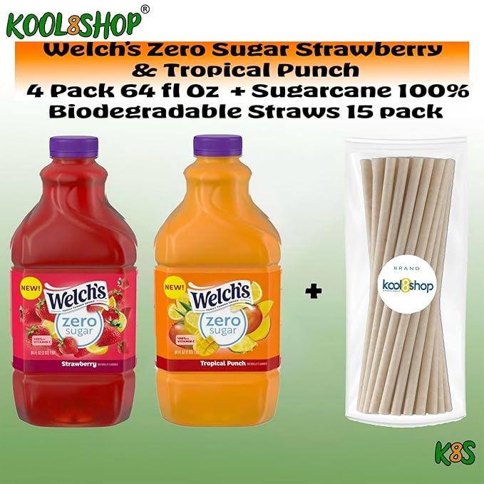 Welch's Zero Sugar Strawberry and Tropical Punch Fruit Juice Drink 64 fl oz Plastic Bottles 4 Pack + 15 Sugarcane Disposable Straws by KOOL8SHOP Infinite Deals
