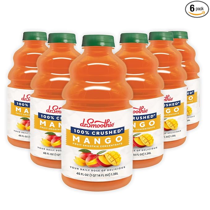 Dr. Smoothie 100% Crushed Mango – No Added Sugar Made with Real Fruits/Fruit Juice – Vegan No Artificial Colors or Flavors – Sweet Mango with a Hint of Pineapple &amp Banana – Six 46 oz Bottles